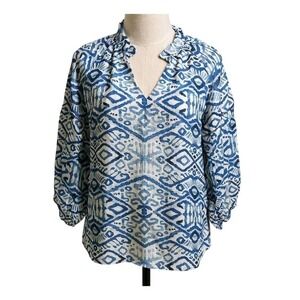 Jade Melody Tam Women's SMALL Blue Ikat Print Blouse Casual Summer Top